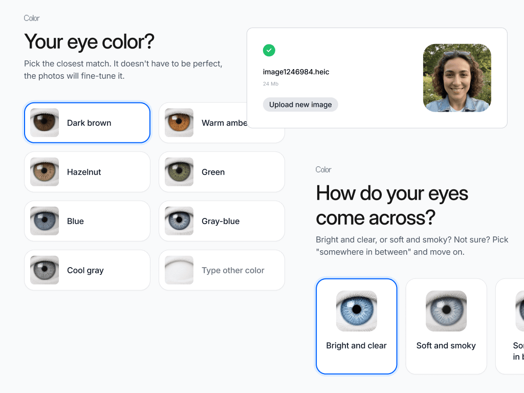 Two questionnaire screens asking for eye color and how the eyes come across, beside a confirmed photo upload.