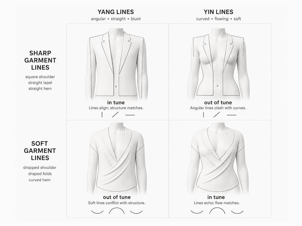 A grid pairing sharp and soft garment lines against yang and yin bodies, marking two combinations in tune and two out of tune.