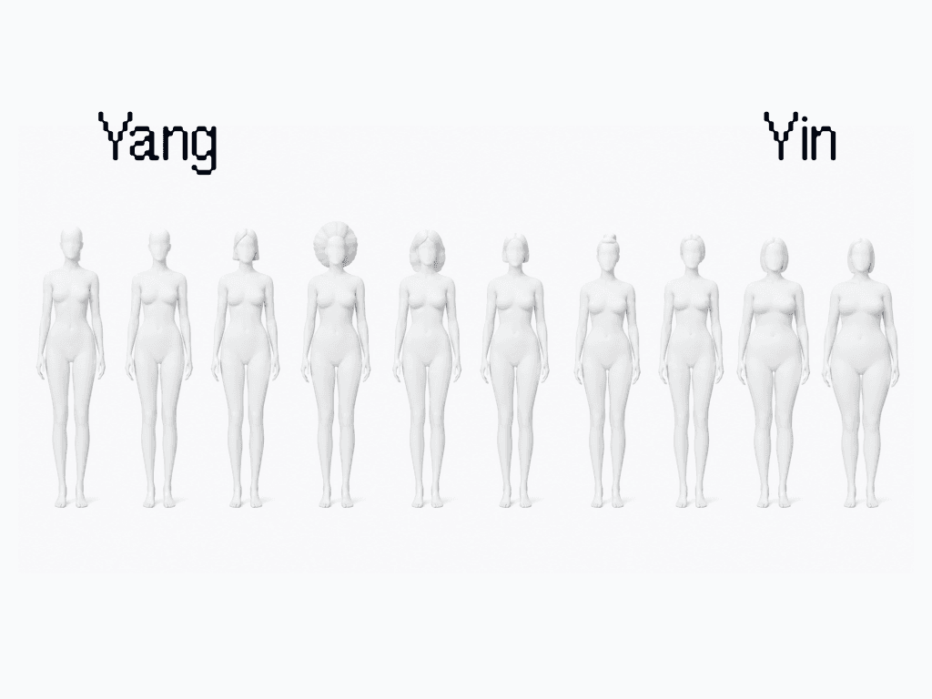 Ten figures in a row, shading from a long narrow build on the yang end to a short rounded one on the yin end.
