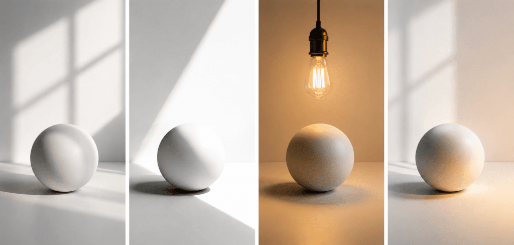 The same white sphere shot four ways: soft window light, hard direct sun, a warm bulb, and even indirect daylight.