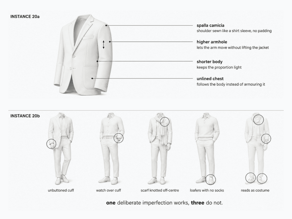 Top: a soft-shouldered jacket annotated with the spalla camicia, a higher armhole, a shorter body and an unlined chest. Bottom: five figures showing an unbuttoned cuff, a watch over the cuff, an off-center scarf, sockless loafers, and all of them at once.
