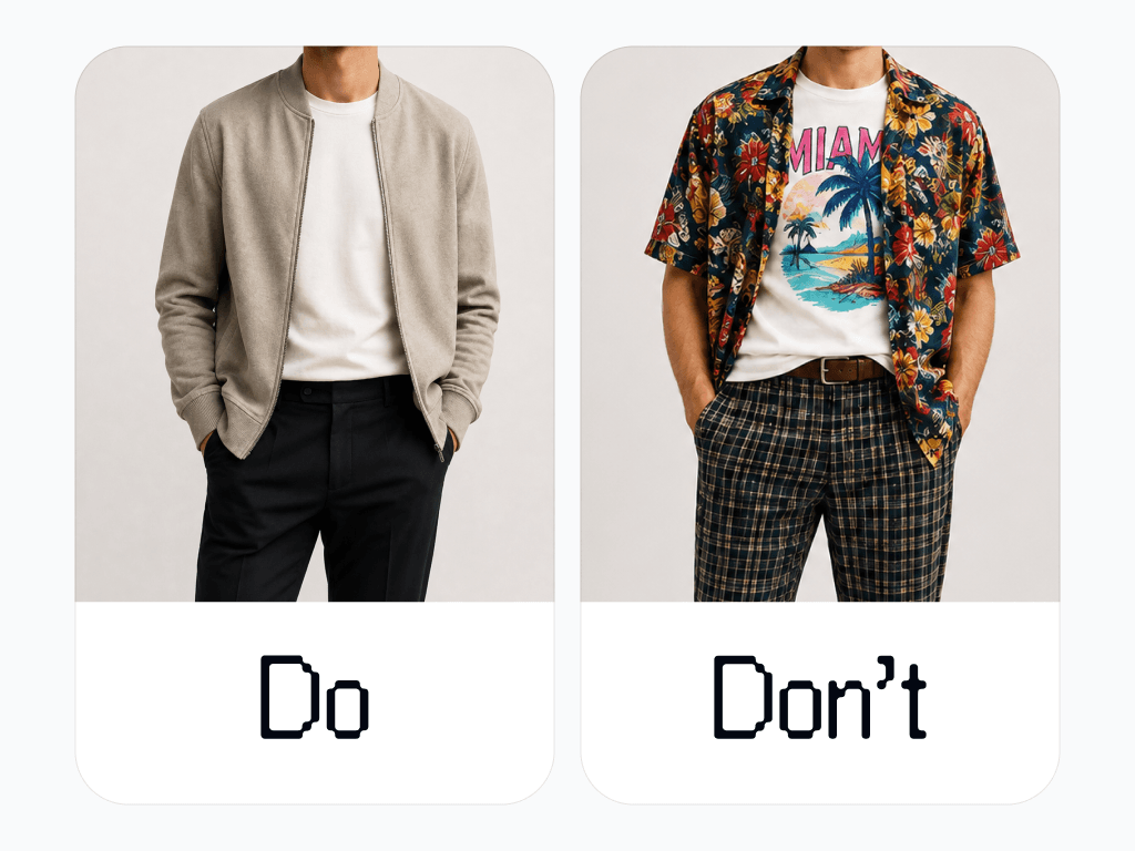 Two outfits side by side, labeled Do and Don't: a plain bomber over a white tee and dark trousers, and a loud floral shirt over a graphic tee with checked trousers.