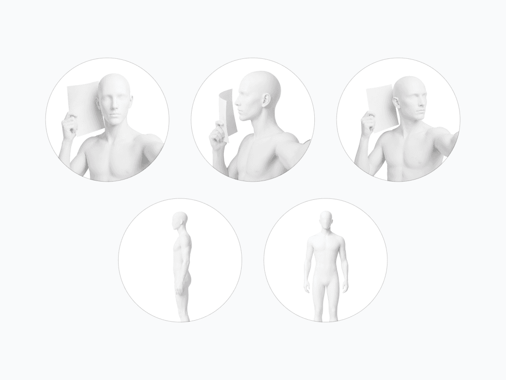 Five framed shots: face straight on holding a sheet of white paper, face at 45 degrees, full profile, body straight on, body from the side.