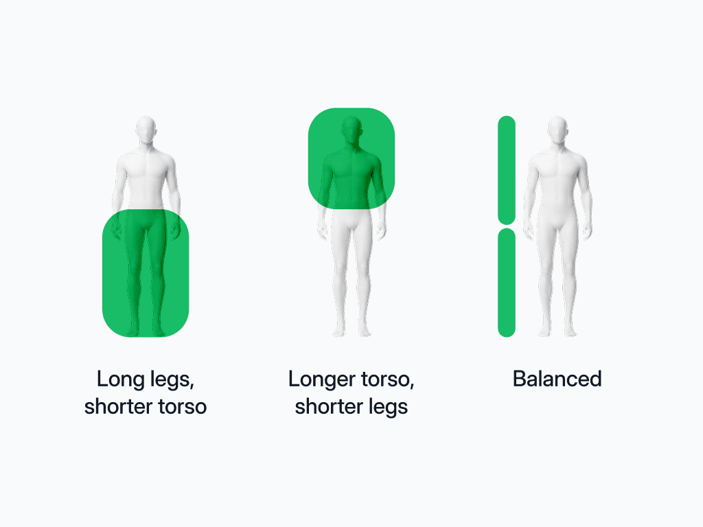 Three figures with their proportions marked: long legs and a short torso, a long torso and short legs, and an evenly balanced build.