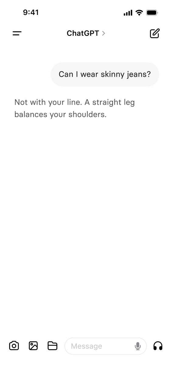 Asked: Can I wear skinny jeans? Answered: Not with your line. A straight leg balances your shoulders.