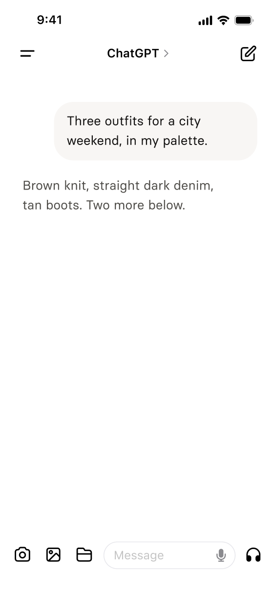 Asked: Three outfits for a city weekend, in my palette. Answered: Brown knit, straight dark denim, tan boots. Two more below.