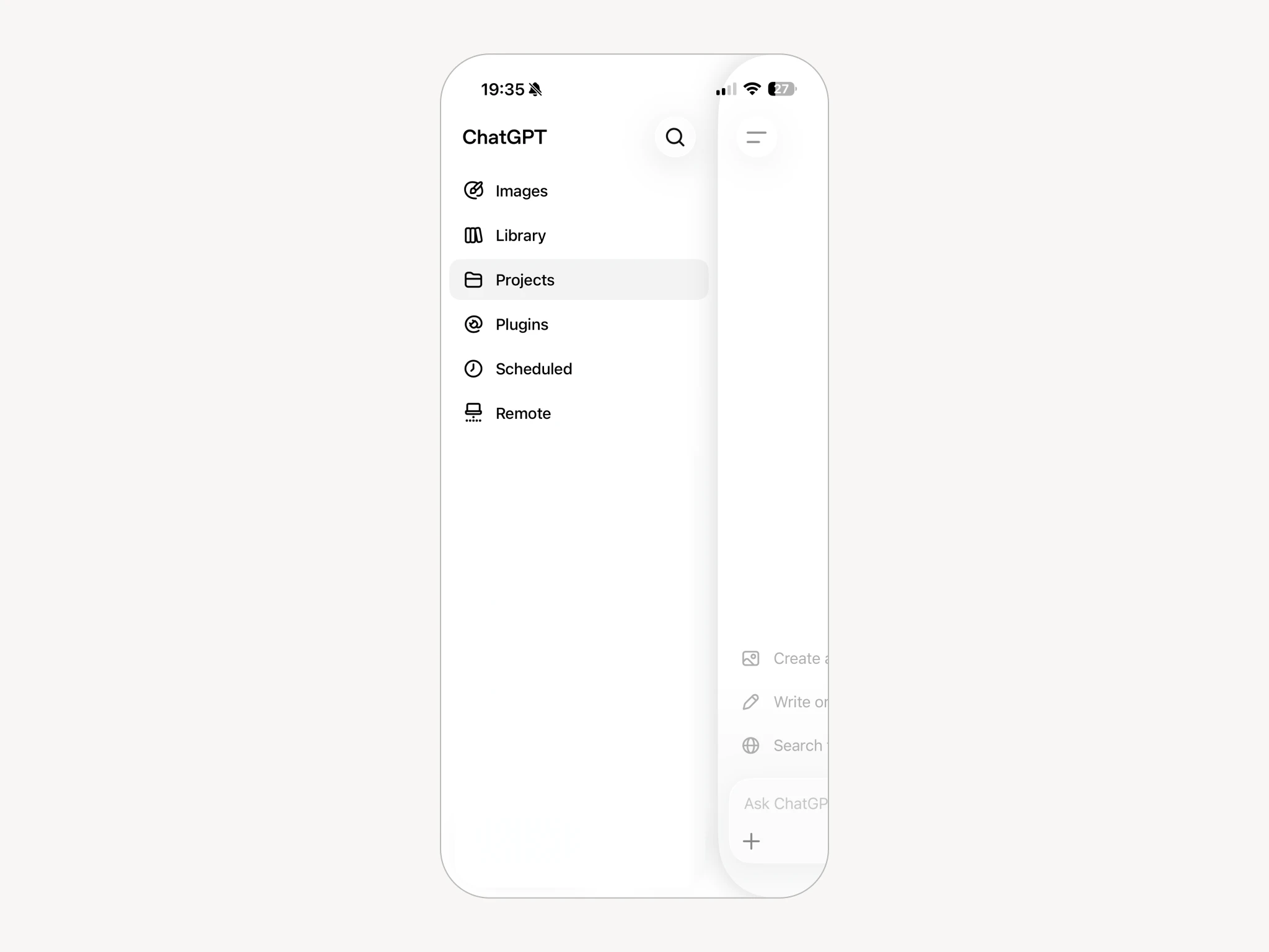 ChatGPT side menu open on a phone with Projects highlighted in the list