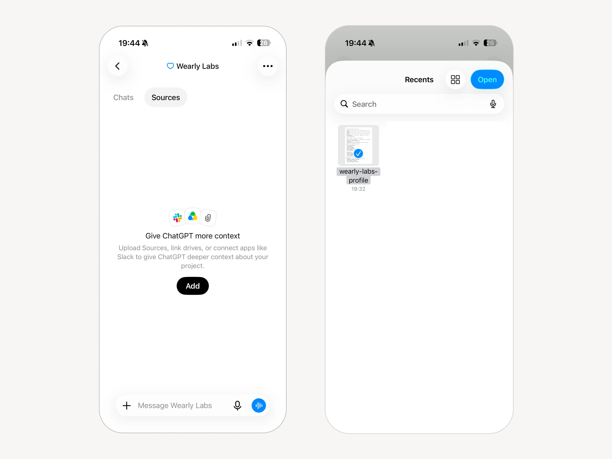 ChatGPT project Sources tab with nothing uploaded, next to the phone file picker with the profile file selected