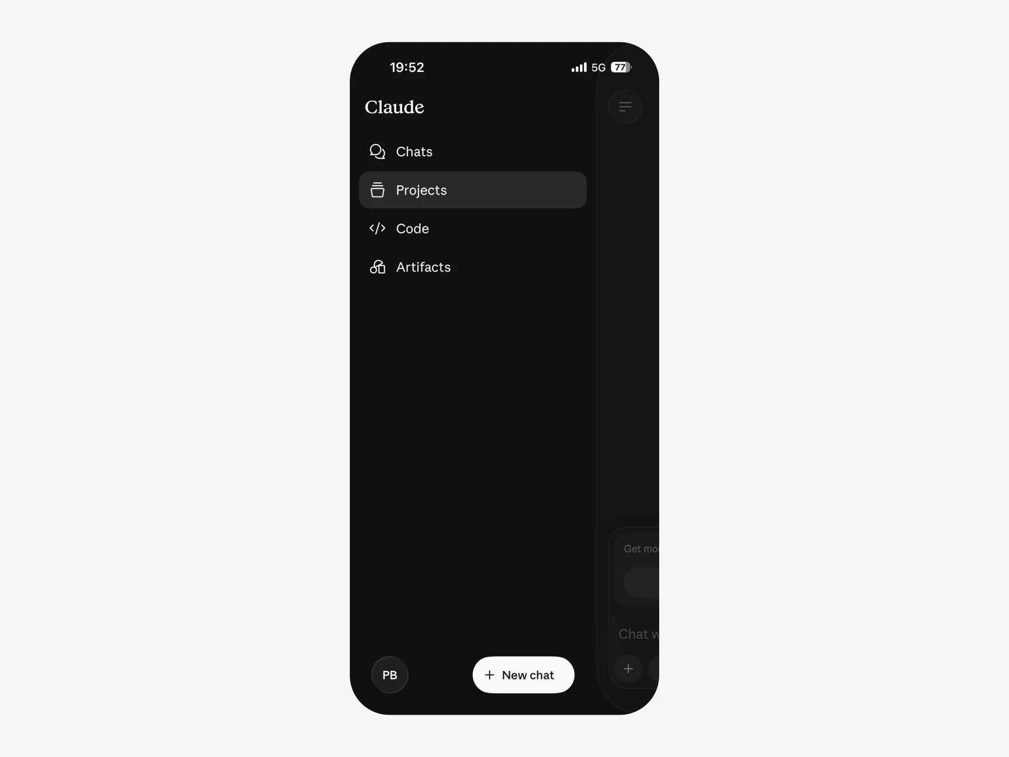 Claude side menu open on a phone with Projects selected, next to the empty Projects screen