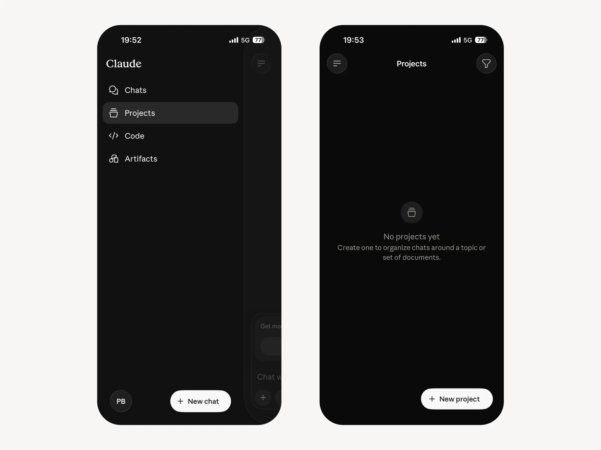 Otevřené boční menu Claude v telefonu s vybranou položkou Projects vedle prázdné obrazovky Projects