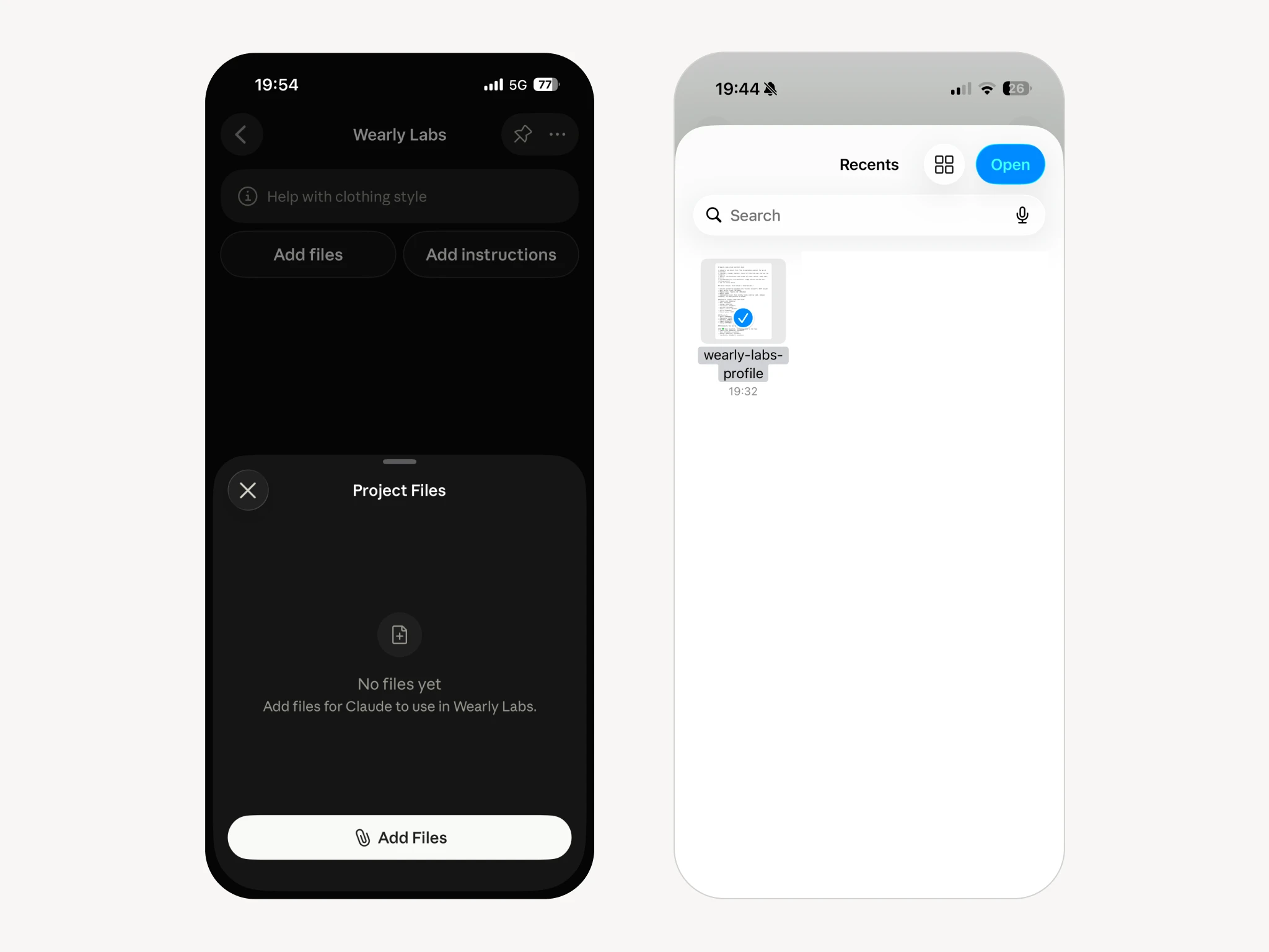 Claude Project Files sheet with no files yet, next to the phone file picker with the profile file selected
