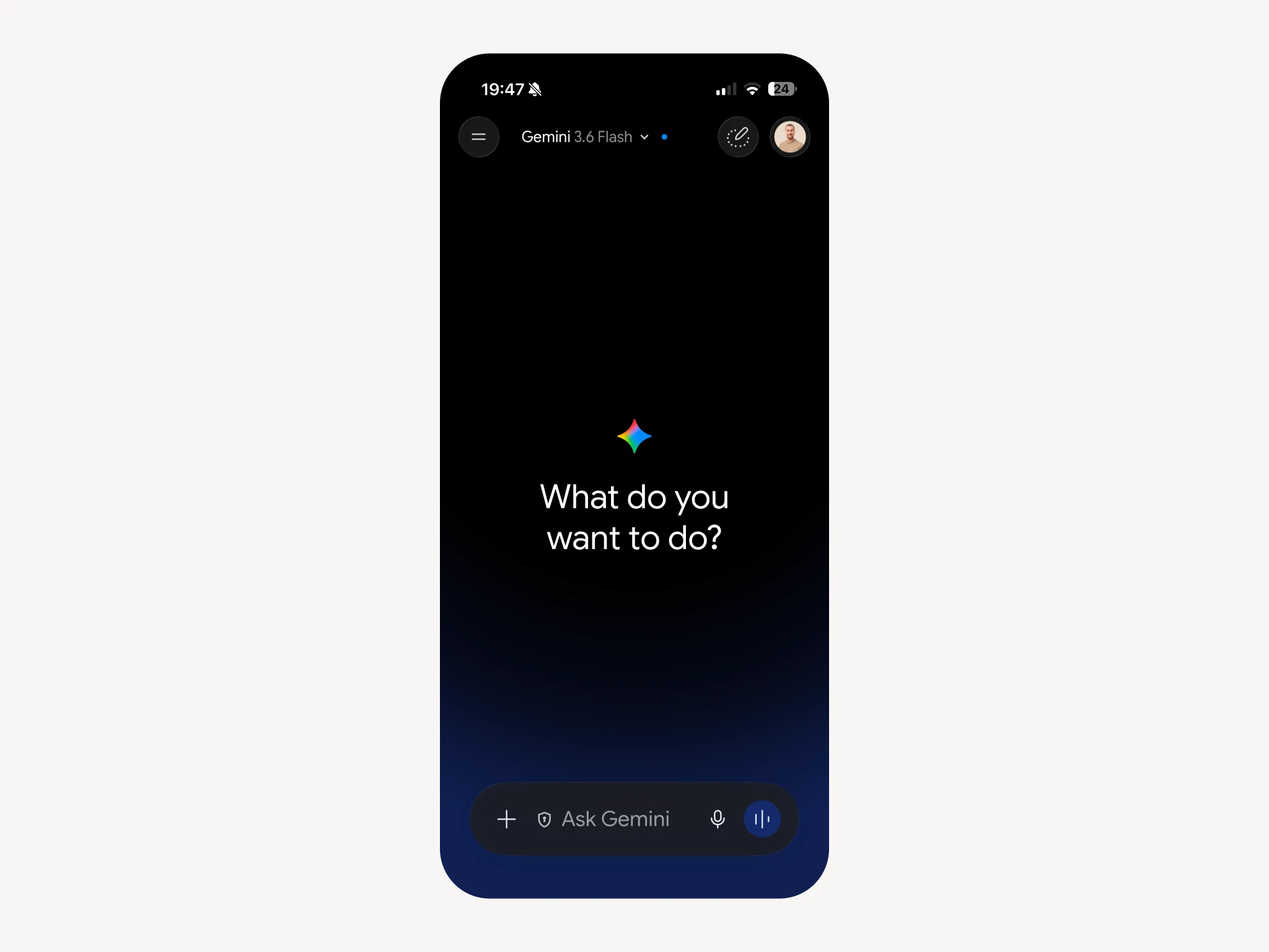 Gemini home screen on a phone asking what do you want to do