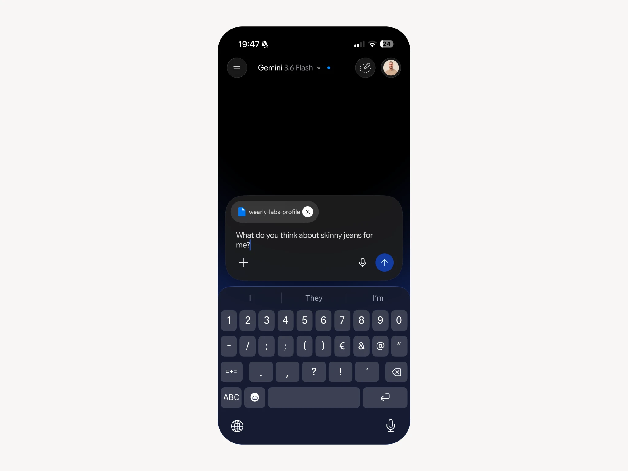 Gemini chat with the Markdown profile attached above the prompt and a question typed about skinny jeans
