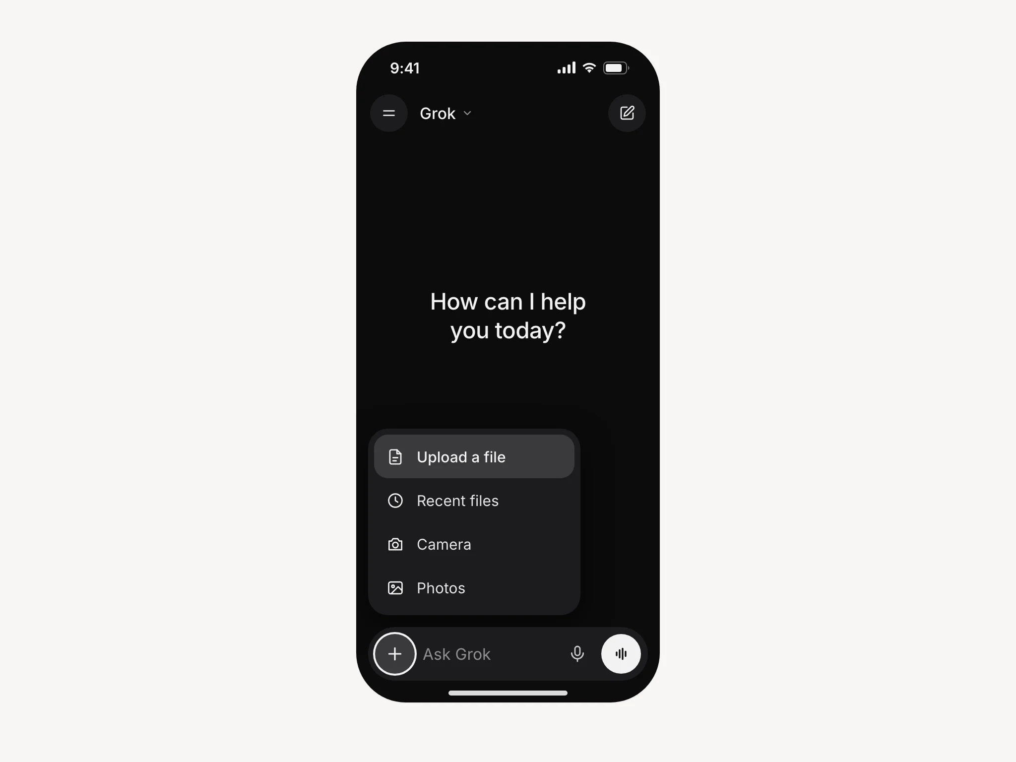Phone mockup of a Grok chat with the plus menu open above the message box and Upload a file highlighted