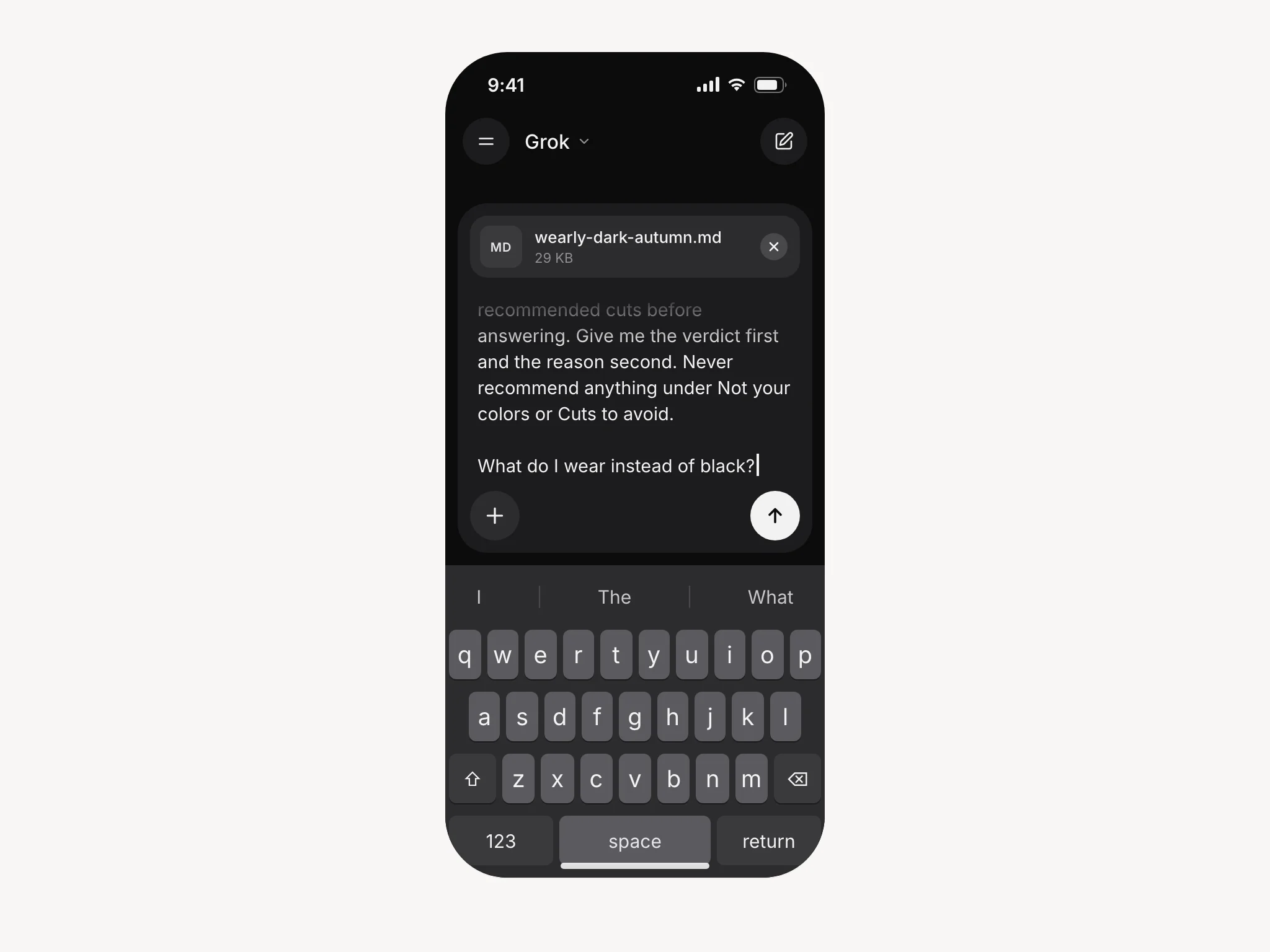 Phone mockup of Grok with wearly-dark-autumn.md attached above the message box and the styling instruction typed in