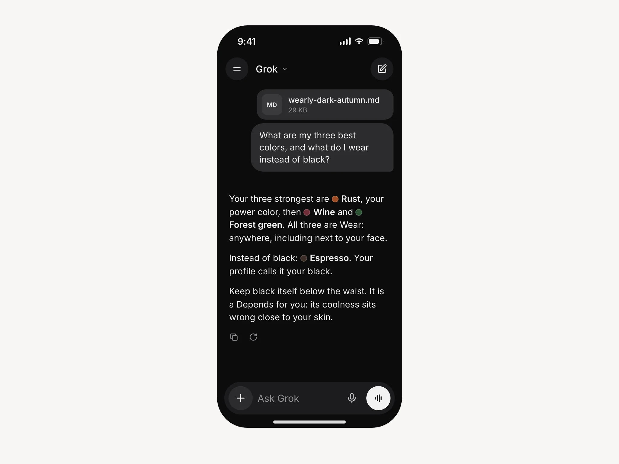 Phone mockup of Grok answering from the profile: Rust, Wine and Forest green first, and Espresso worn instead of black