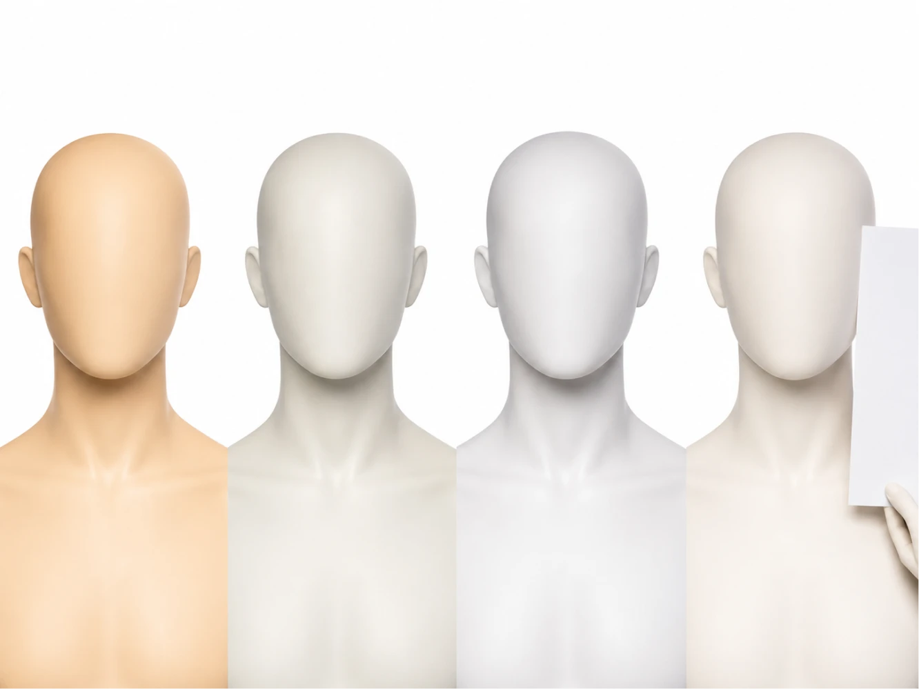 One face under a warm bulb, under fluorescent light, in daylight, and next to a sheet of white paper