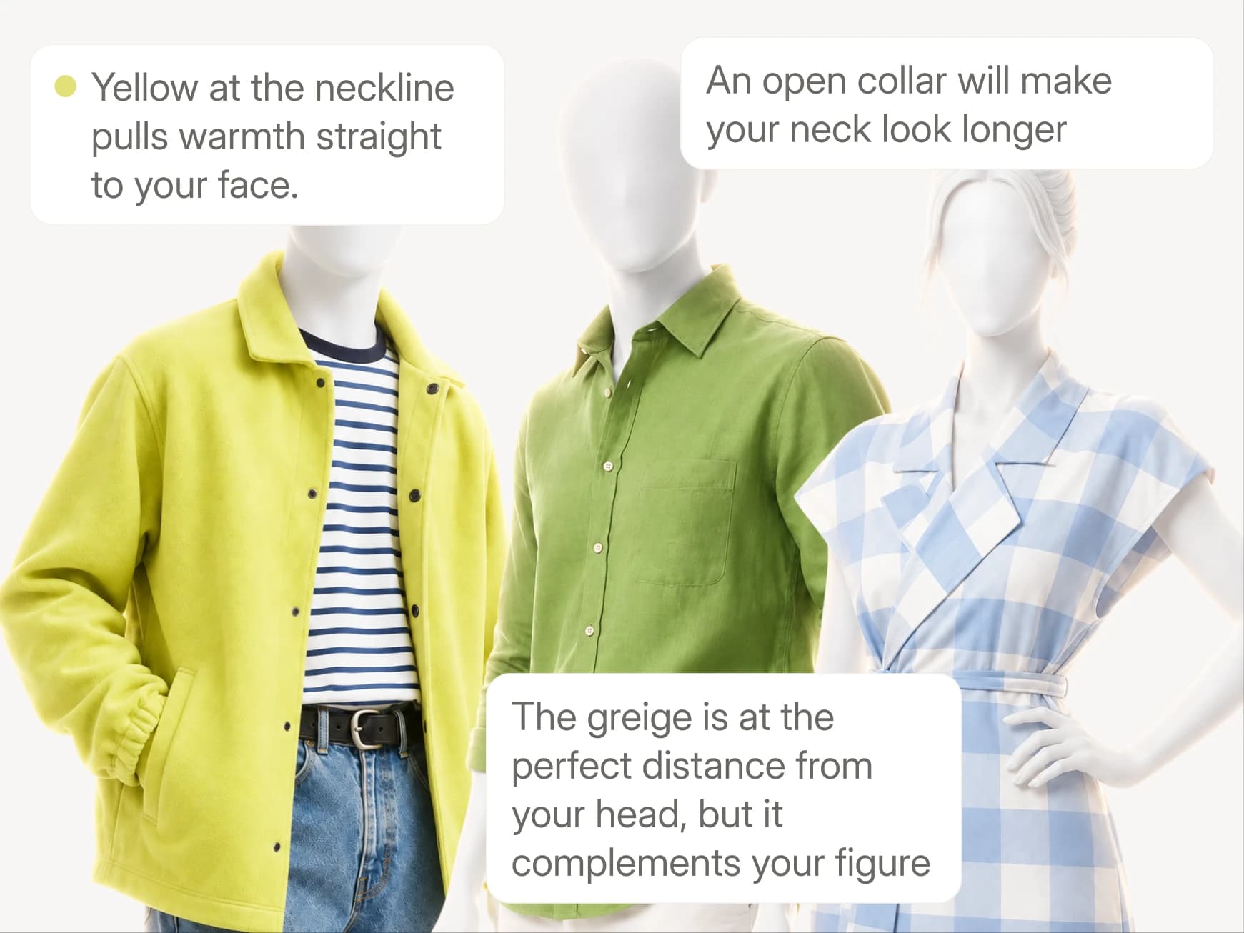 Obecné stylingové rady z aplikace připíchnuté ke třem outfitům, přesně ty vágní rady, za které podle téhle recenze nemá smysl platit