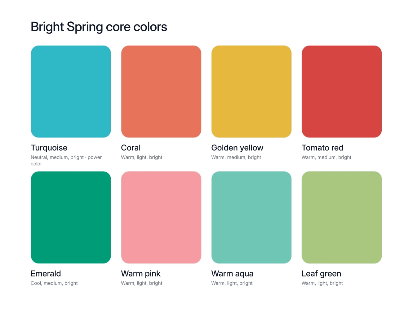 The eight Bright Spring core colors as named swatches, including turquoise, coral, golden yellow and tomato red, with the power color marked