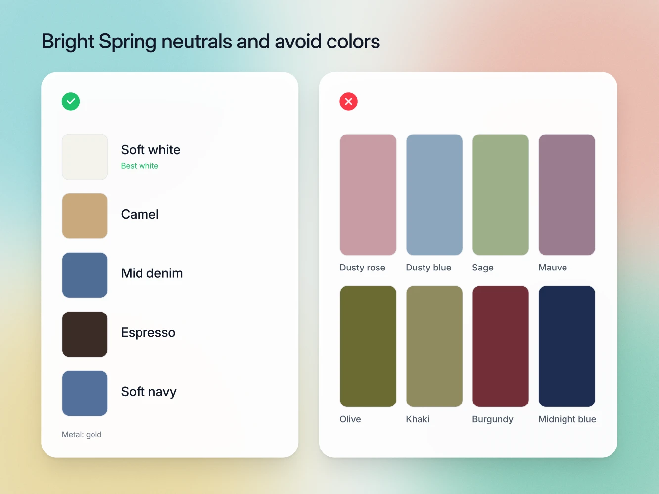 Bright Spring neutrals with soft white marked as the best white, beside the avoid list of burgundy, plum, charcoal and dusty pastels