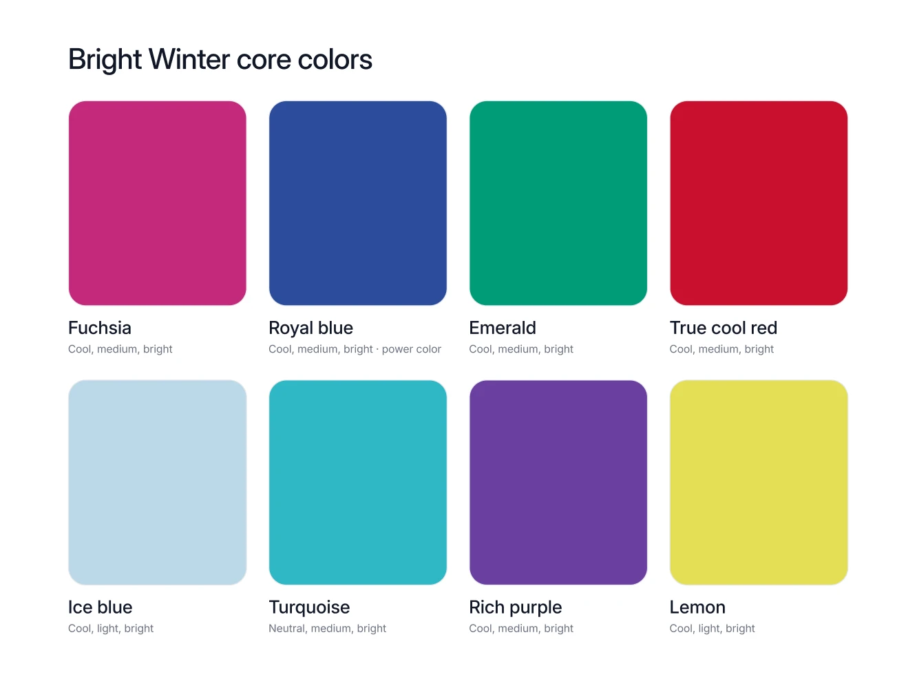The eight Bright Winter core colors as named swatches, including fuchsia, royal blue, emerald and ice blue, with the power color marked