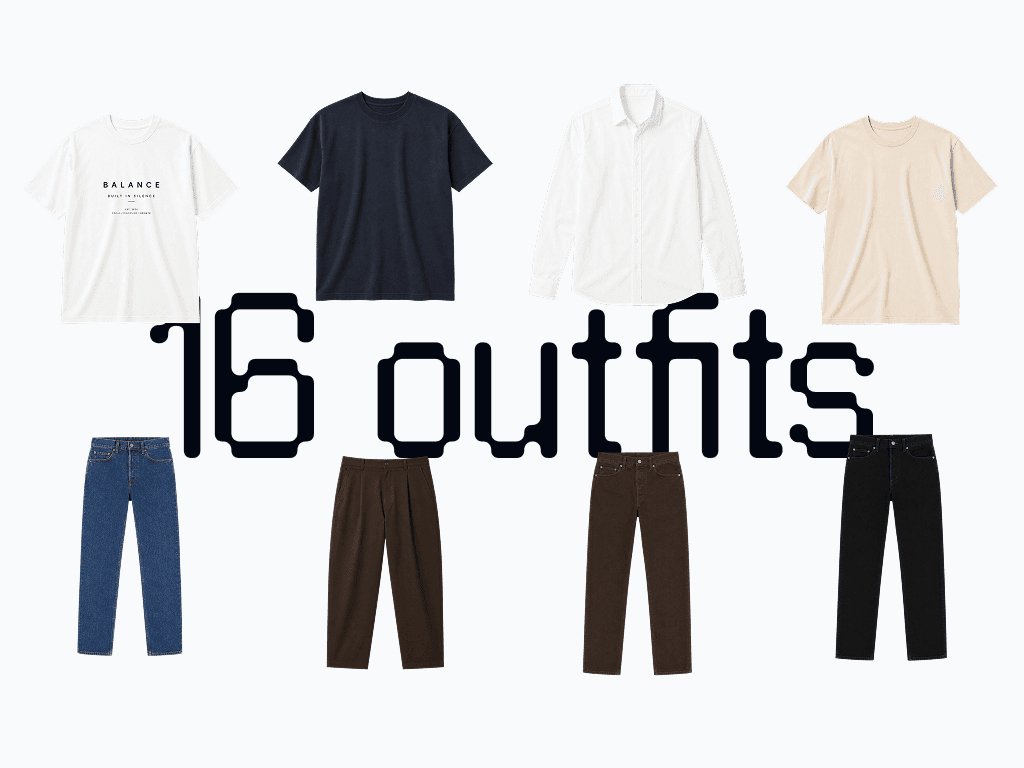 Four tops above four pairs of trousers, arranged as a grid, captioned 16 outfits.