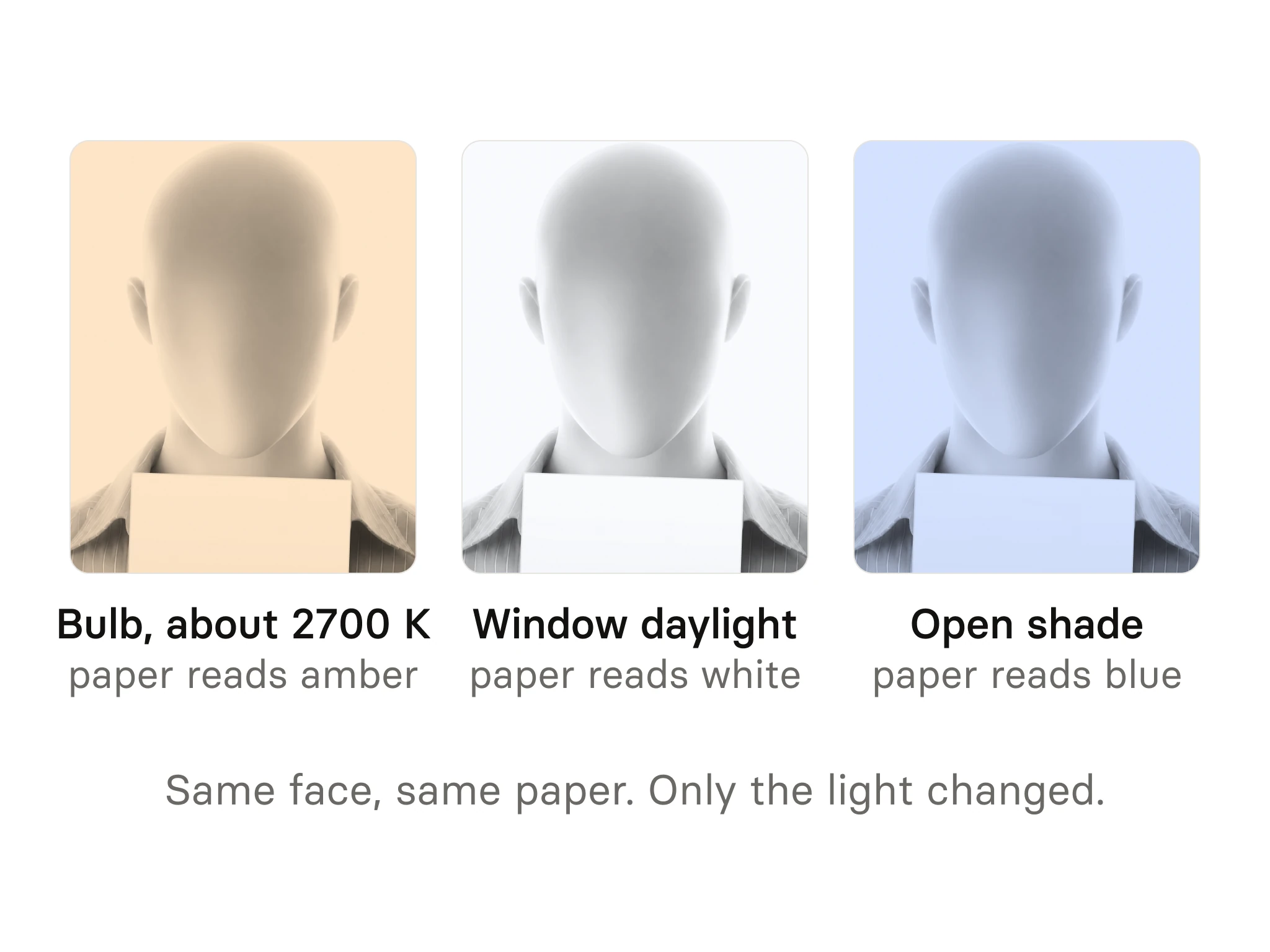 The same face and sheet of white paper under a 2700 K bulb, in window daylight and in open shade: the paper reads amber, white, then blue