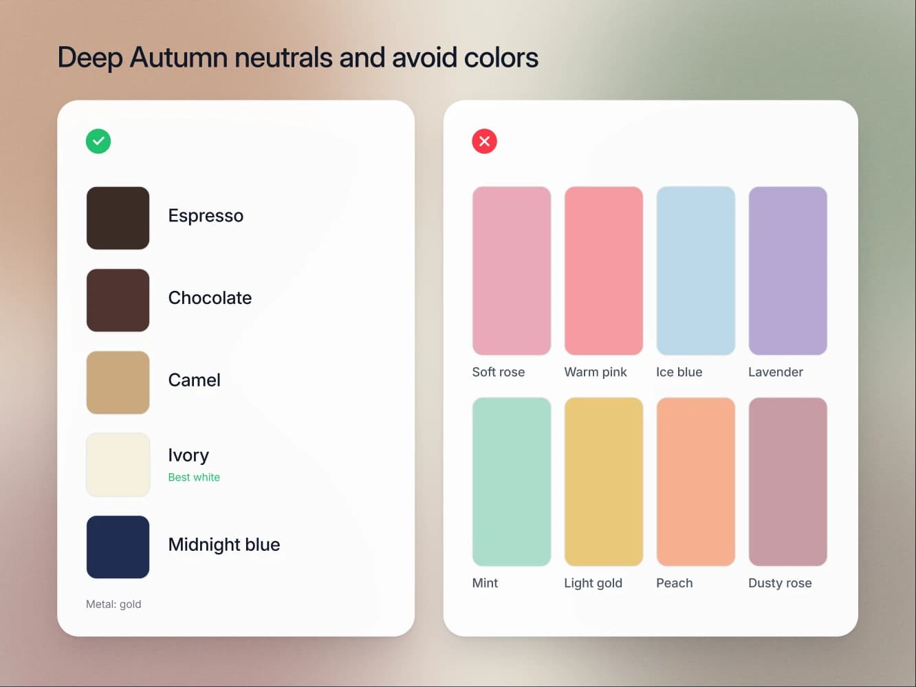 Deep Autumn neutrals with ivory marked as the best white, beside the avoid list of pale cool pastels, icy blue, dusty rose and lavender