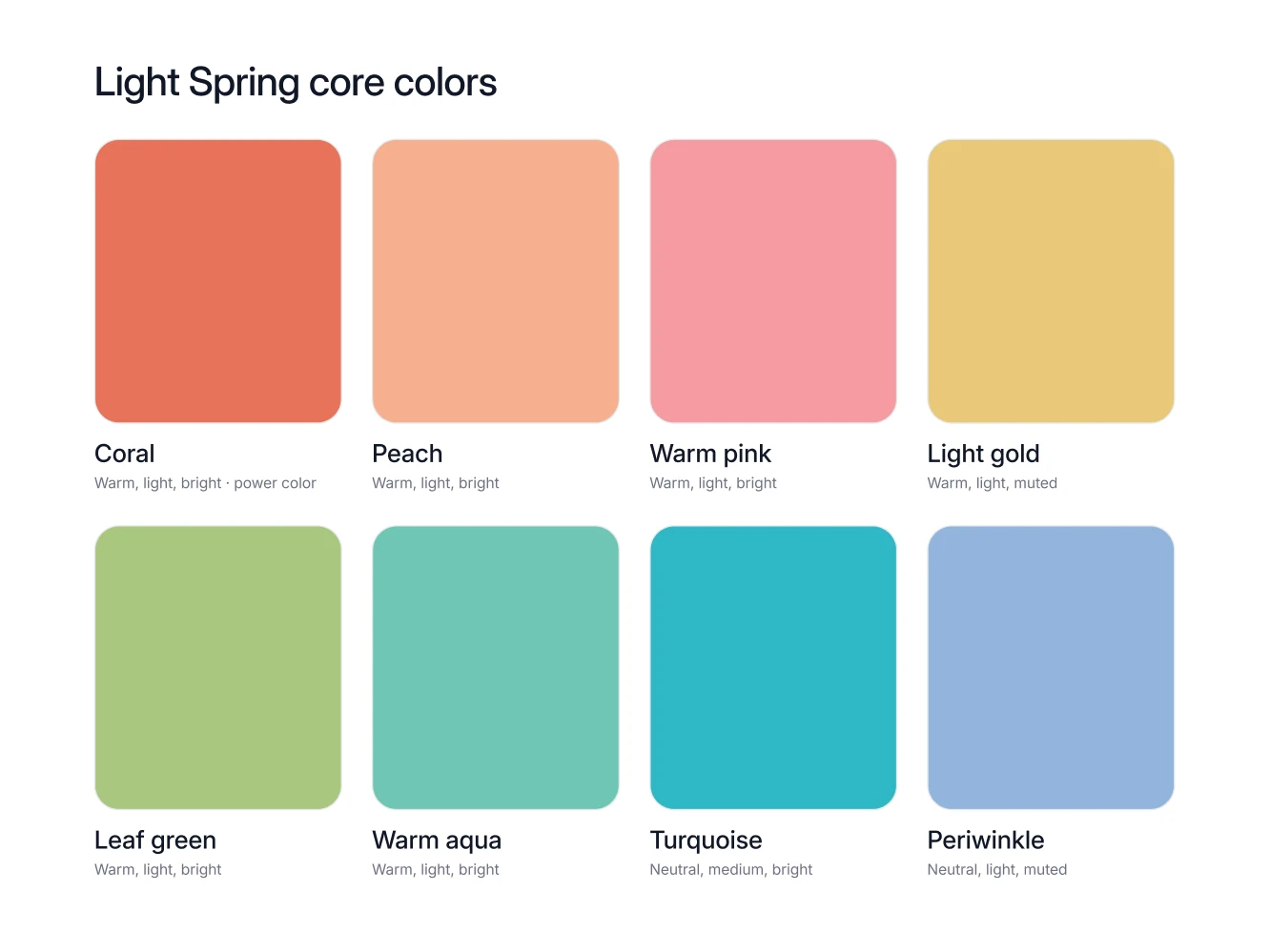 The eight Light Spring core colors as named swatches, including coral, peach, warm pink and light gold, with the power color marked