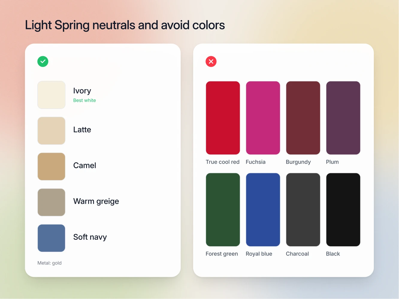Light Spring neutrals with ivory marked as the best white, beside the avoid list of true cool red, fuchsia, burgundy and black