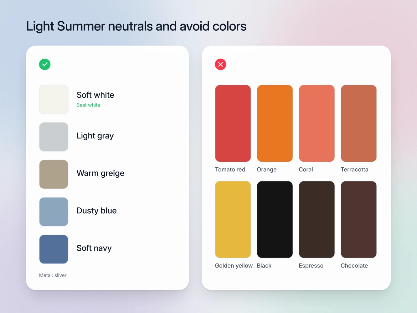 Light Summer neutrals with soft white marked as the best white, beside the avoid list of orange, warm yellow, camel and black