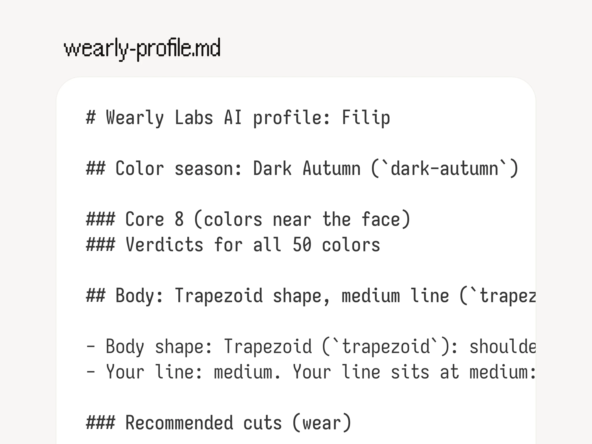 AI profil jako čistý Markdown: barevná sezóna Dark Autumn, verdikty pro všech 50 barev, tvar lichoběžník se střední linií a doporučené střihy.