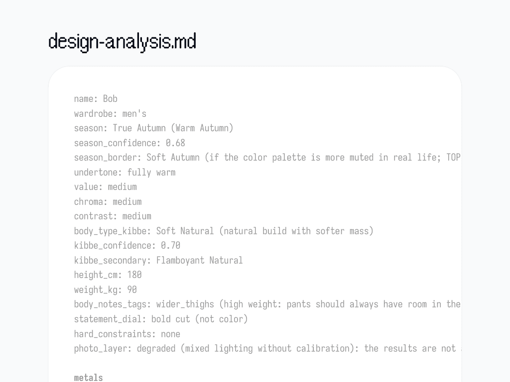 A plain text file listing season, undertone, value, chroma, contrast, Kibbe type and body notes as labeled fields.
