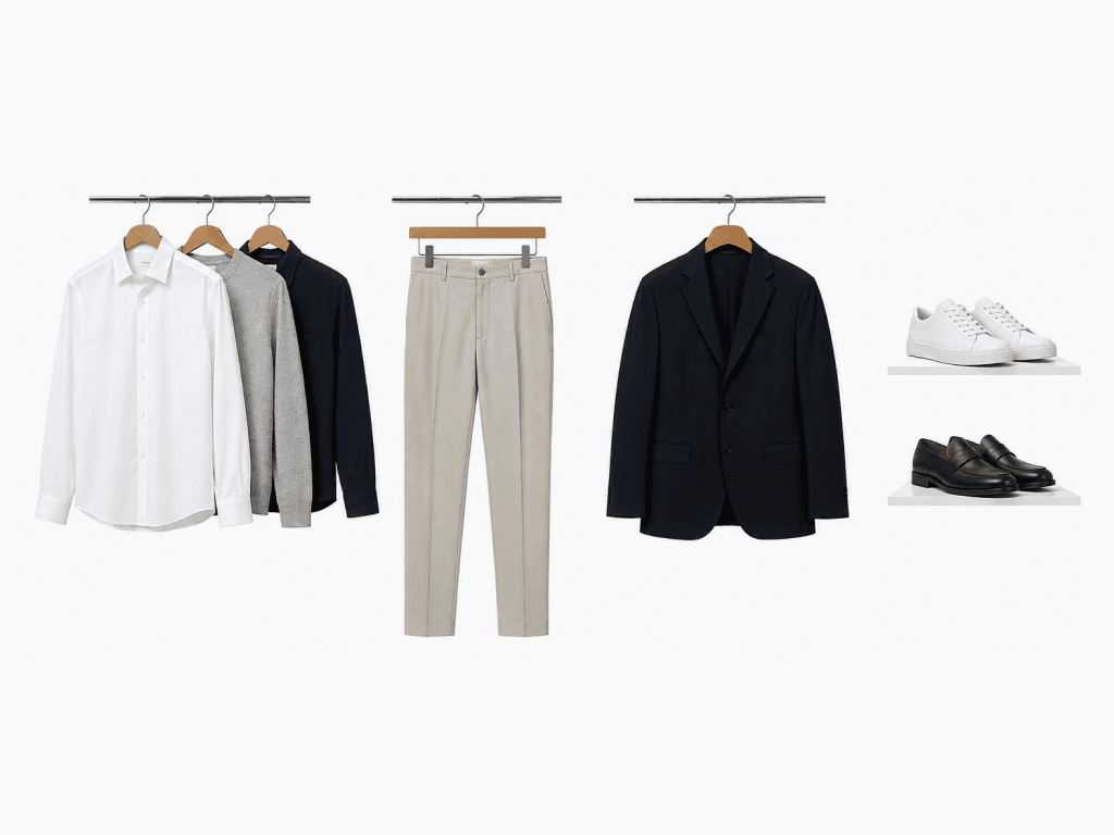 A rail holding a white shirt, a grey knit and a navy overshirt, next to stone trousers, a navy blazer, white sneakers and brown loafers.
