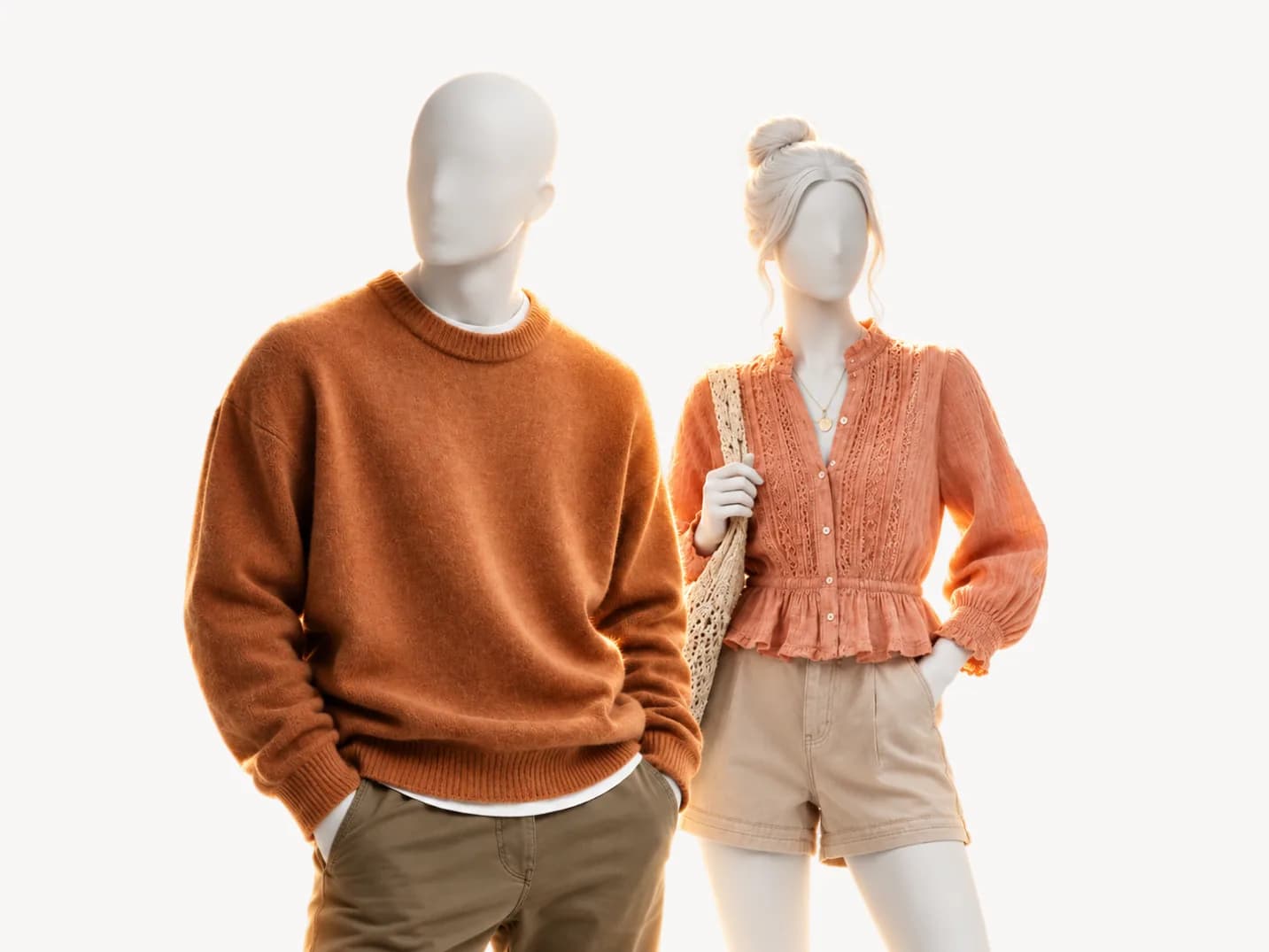 Looks en los colores de Soft Autumn sobre dos maniquíes