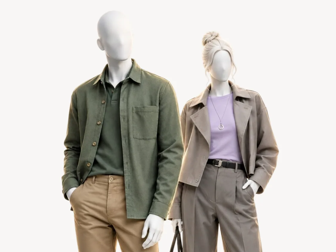 Looks en los colores de Soft Summer sobre dos maniquíes