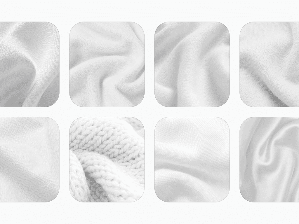 Eight swatches of white fabric in different weaves: plain cotton, gauze, twill, poplin, chunky knit, jersey, and two silks.