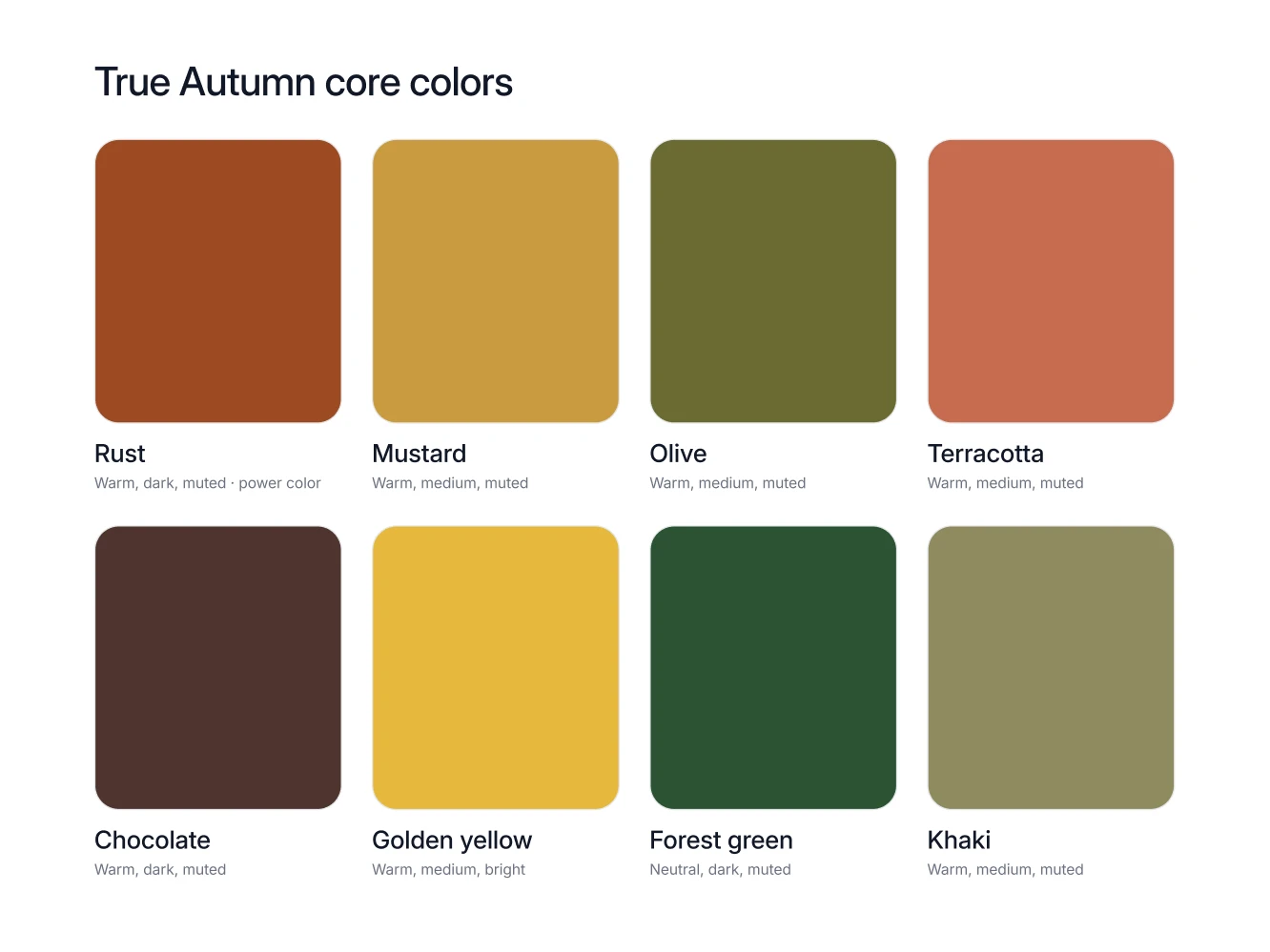 The eight True Autumn core colors as named swatches, including rust, mustard, olive and terracotta, with the power color marked