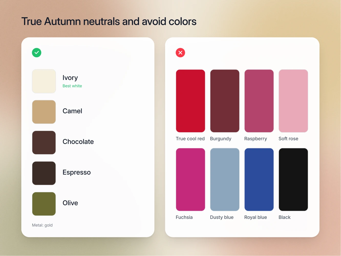 True Autumn neutrals with ivory marked as the best white, beside the avoid list of fuchsia, royal blue, icy pastels and black