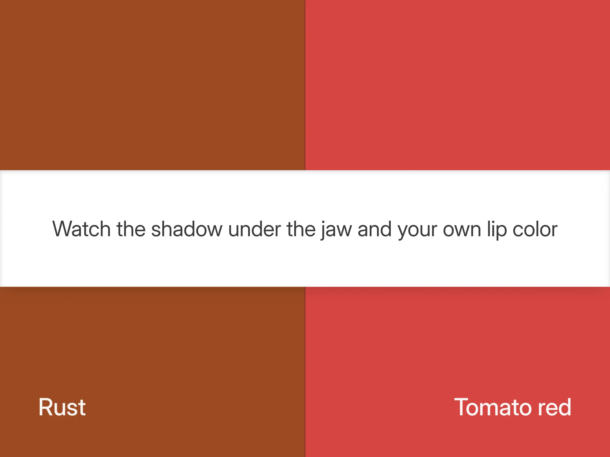 Óxido frente a rojo tomate sobre una misma franja blanca, la prueba casera para distinguir True Autumn de True Spring: fíjate en la mandíbula y en el color de tus labios
