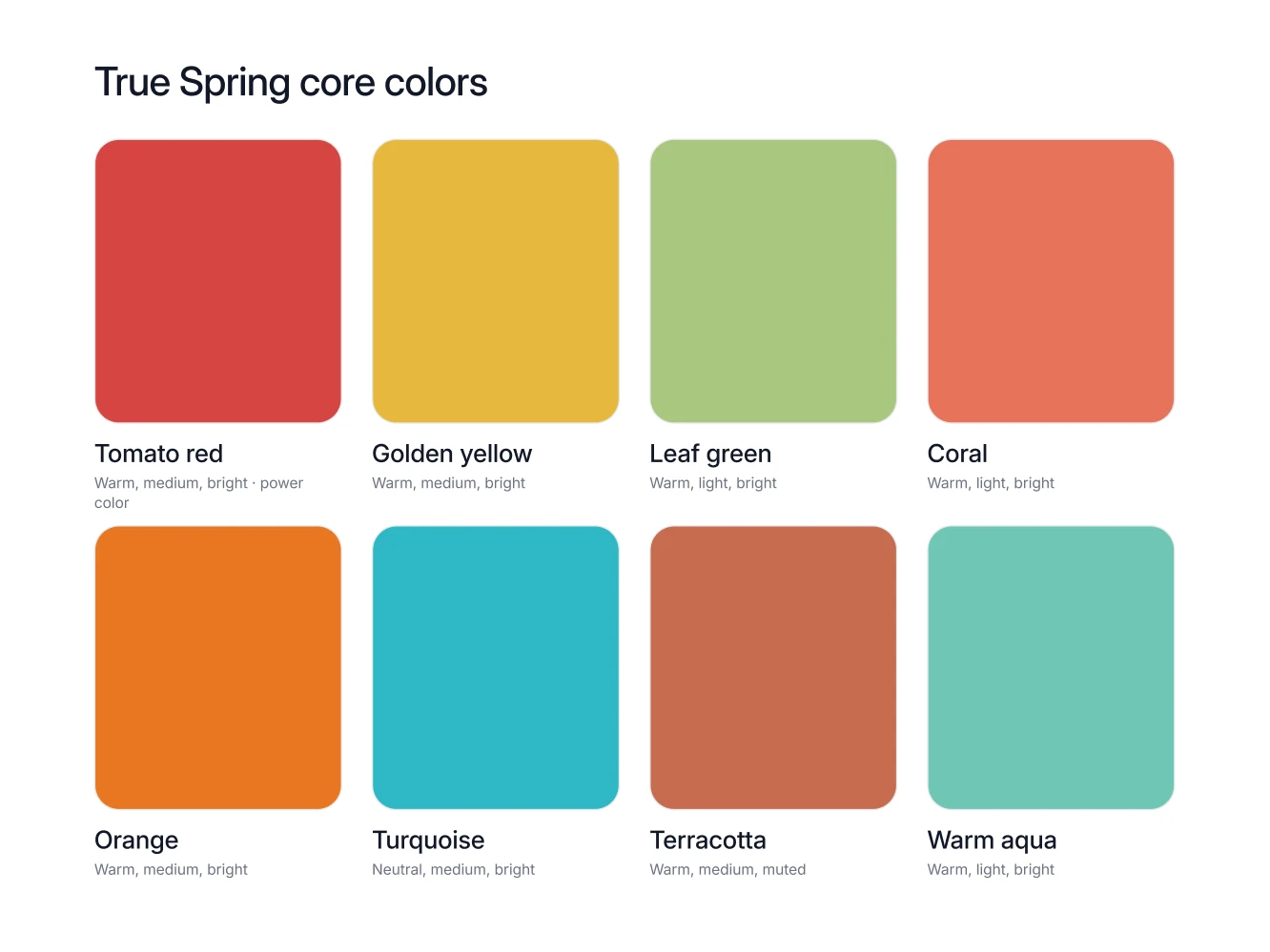 The eight True Spring core colors as named swatches, including tomato red, golden yellow, leaf green and coral, with the power color marked