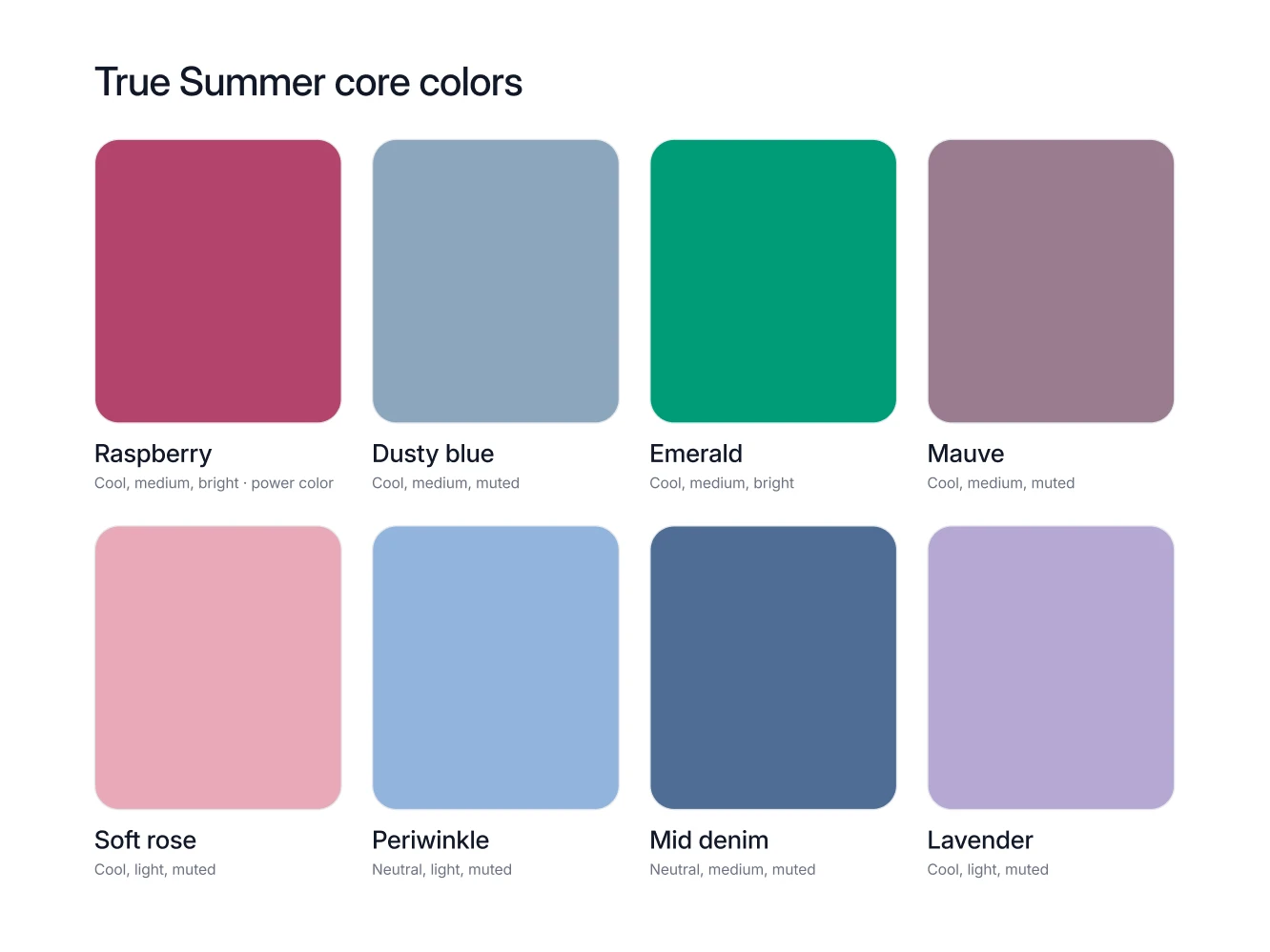 The eight True Summer core colors as named swatches, including raspberry, dusty blue, muted emerald and mauve, with the power color marked