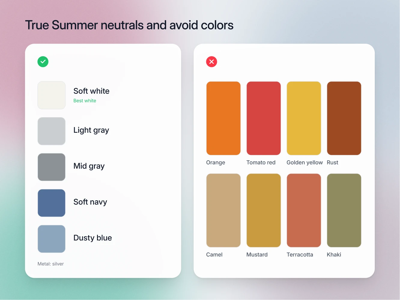 True Summer neutrals with soft white marked as the best white, beside the avoid list of orange, warm yellow, terracotta and black