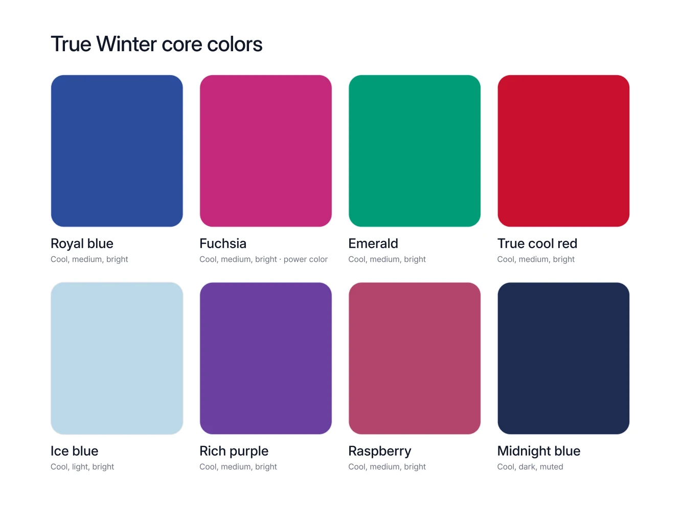 The eight True Winter core colors as named swatches, including royal blue, fuchsia, emerald and true cool red, with the power color marked