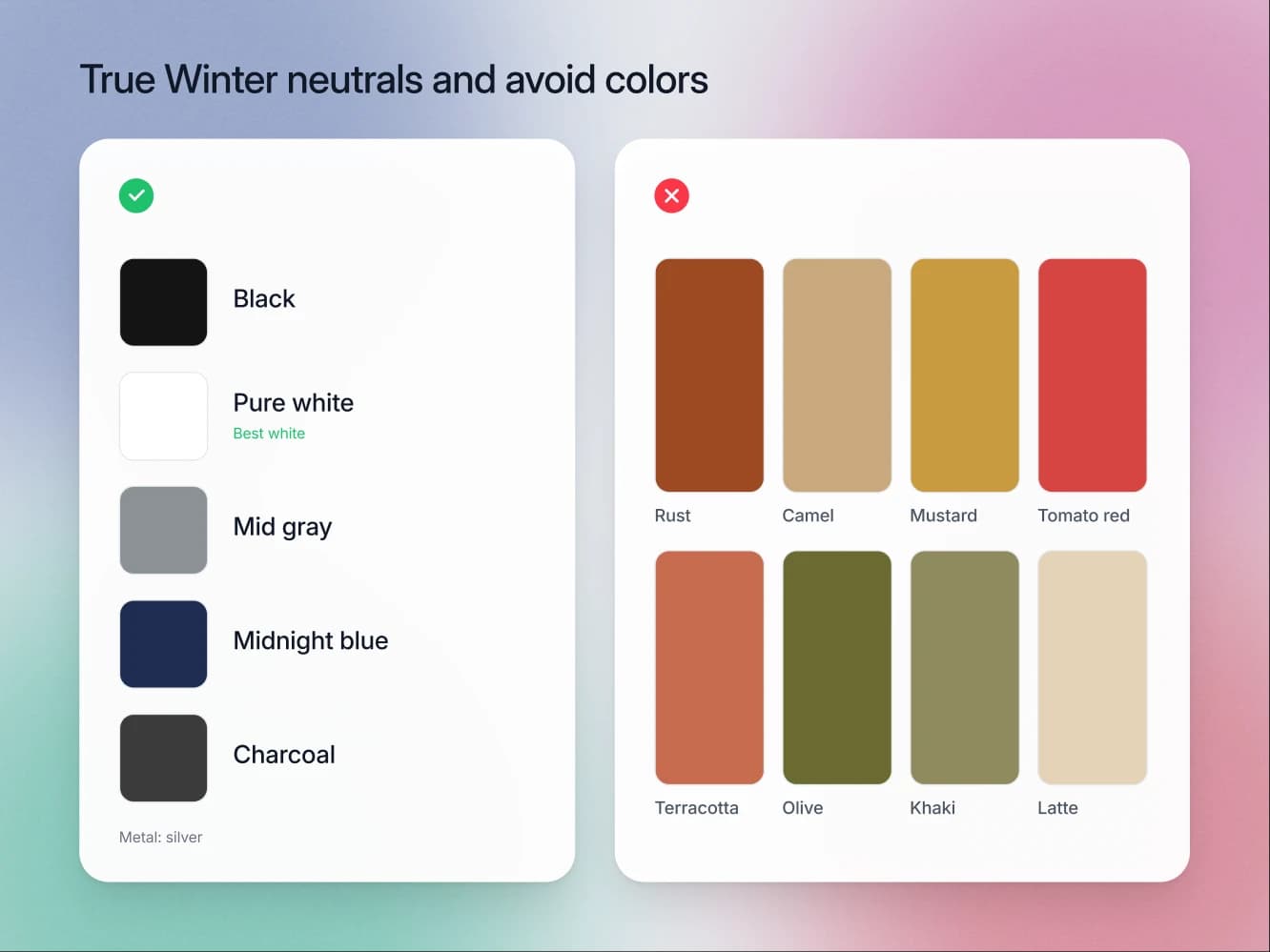 True Winter neutrals with pure white marked as the best white, beside the avoid list of rust, camel, mustard and tomato red