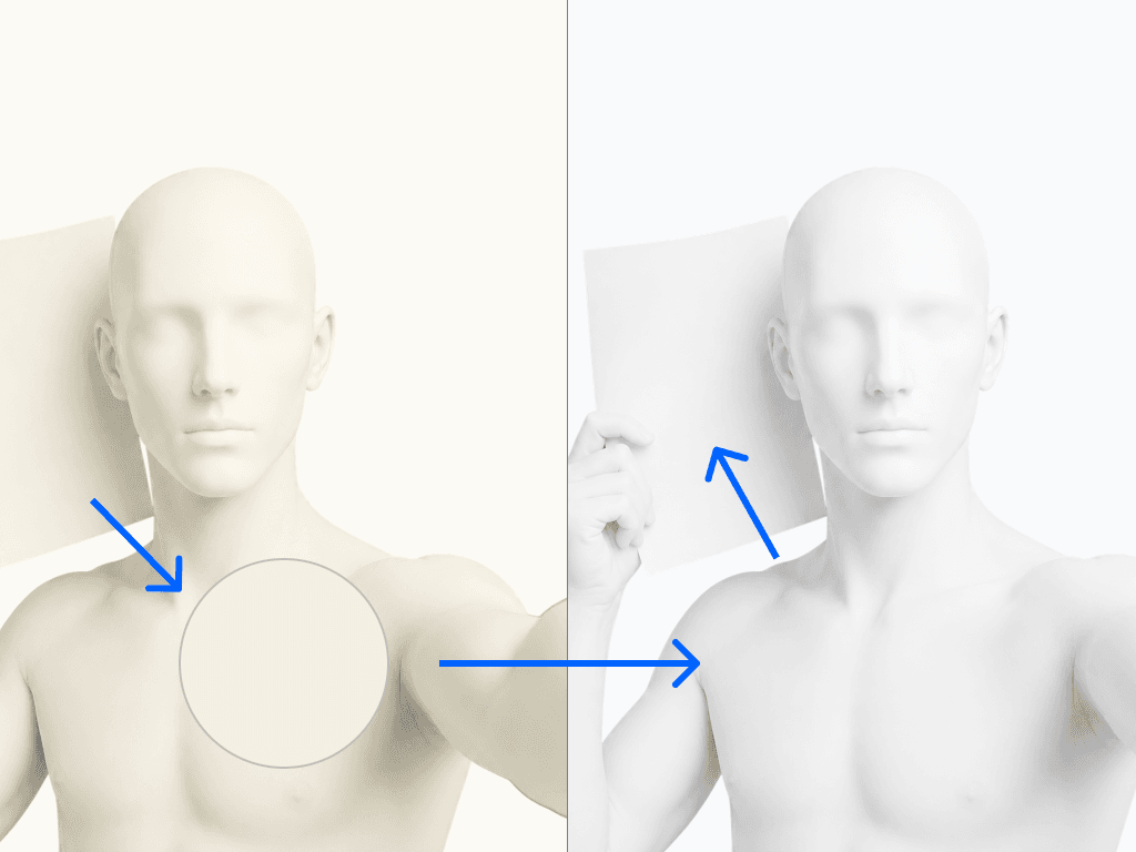 The same face photographed twice, once under warm light and once under neutral light, with a sheet of white paper held beside it in both.