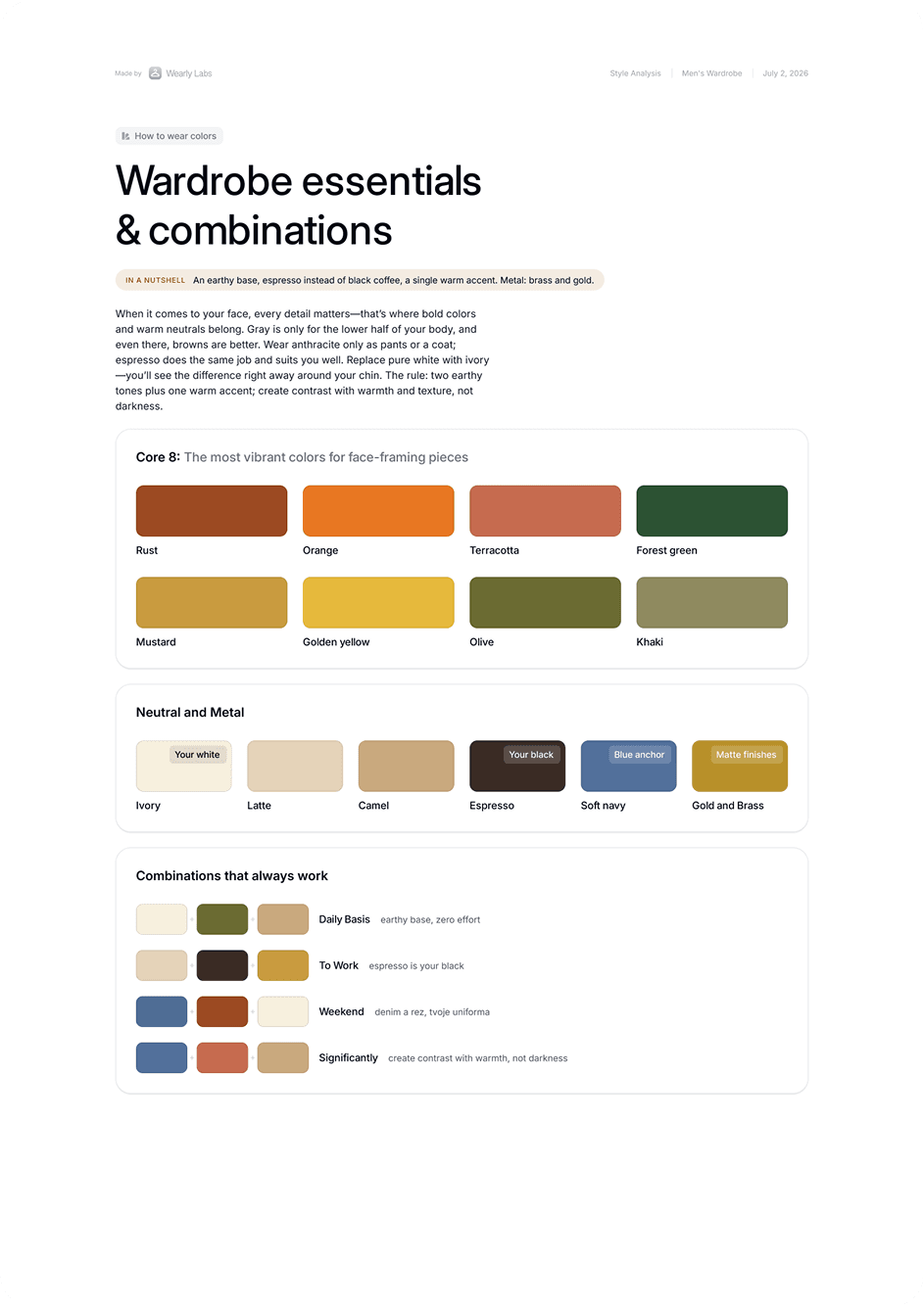 Your palette in use: core colors, neutrals and metals, and the combinations that always work